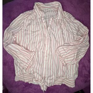 Beach Lunch Lounge Button-Up Women M Collar Top Pink White Stripe Boho Bow Cute
